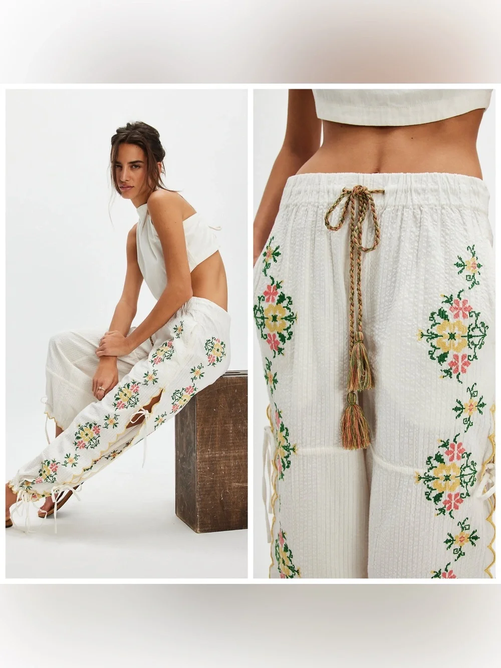 Free‎ People Spring Breeze Tie Pants Embroidered White Floral Medium